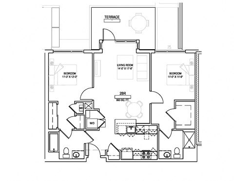 Floor plan for 2 beds, 2 baths, 993 sqft